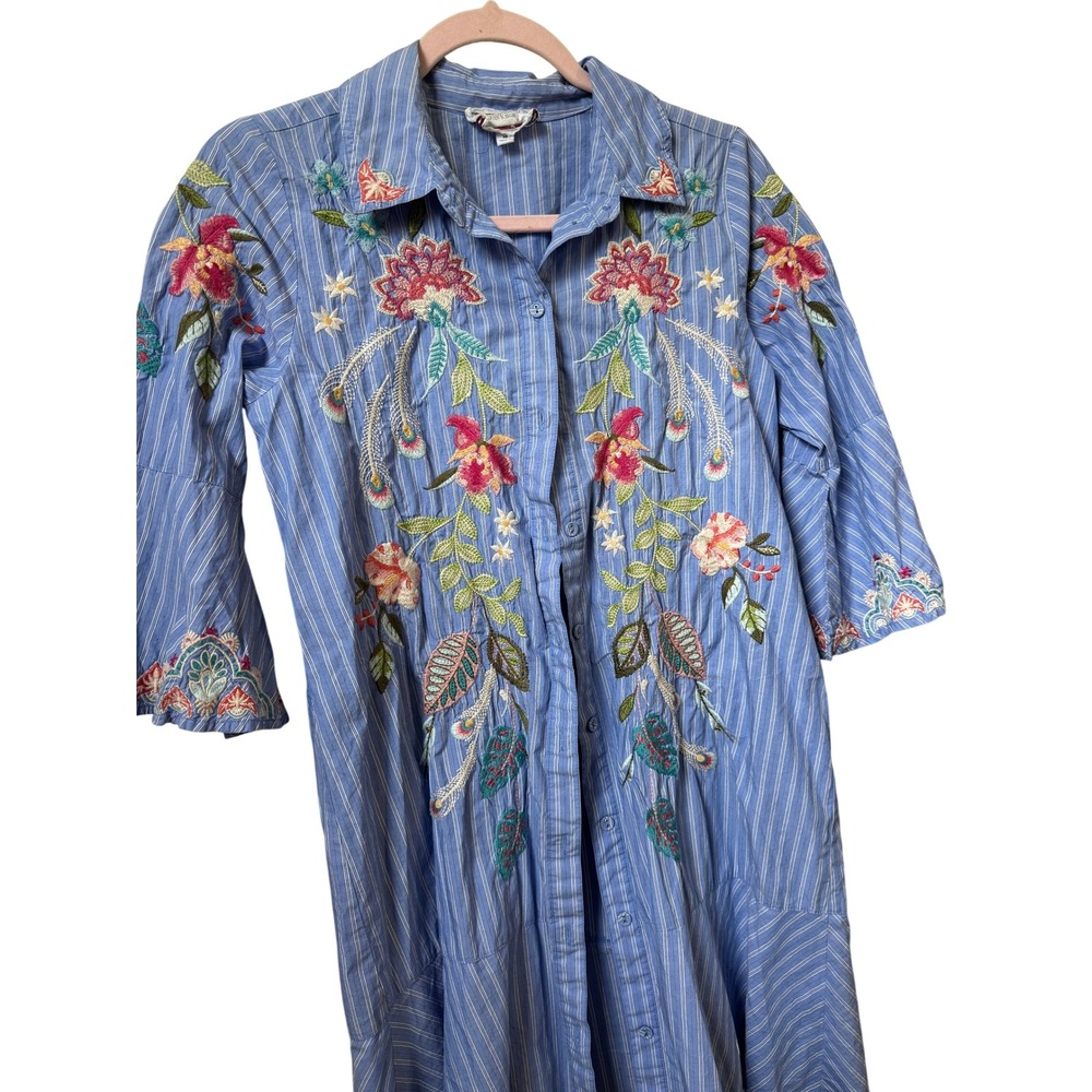 Johnny Was Workshop Blue Striped Floral Embroidered Button Front Shirt Dress XS - Picture 5 of 7